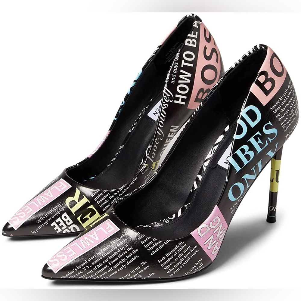 Steve Madden Black Newspaper Print Pointed Toe Pumps with Pastel Accents